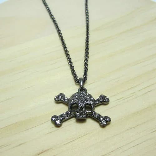 Titanium black full diamond small skull double bone Saturn necklace-B8103