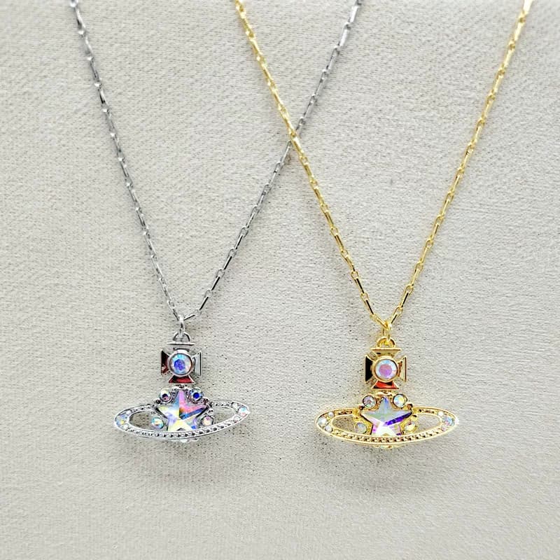 European and American Fashion Gold Five-pointed Star Glass Saturn Necklace