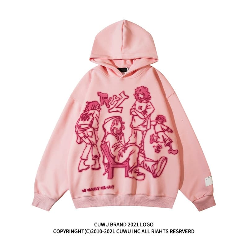 cuwu Amei Khaki portrait print hooded sweatshirt for women street hip-hop all-match loose couple outfit autumn jacket