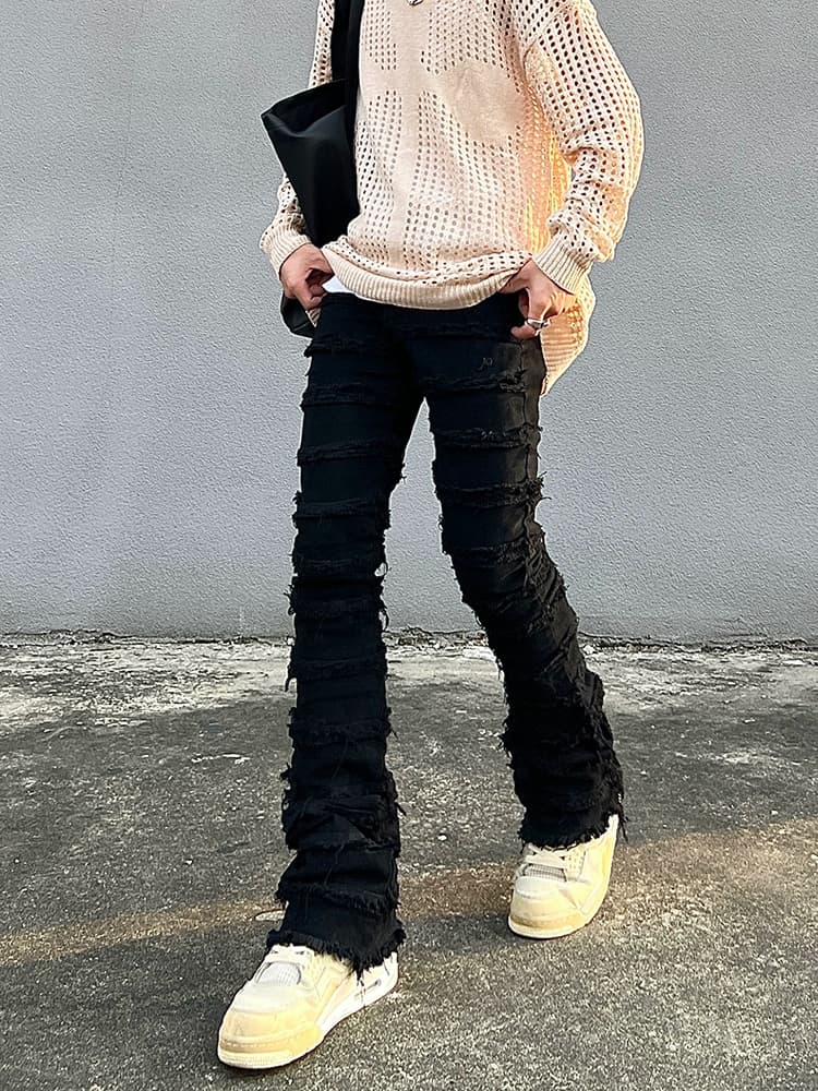 Erosion damaged raw edge vintage jeans men ins trendy brand American high street straight slim flared trousers