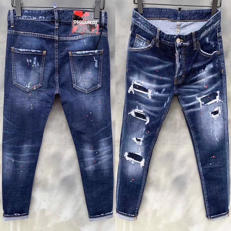 Autumn and winter New broken paint men's slim fit hole patch stretch D2 Jeans skinny pants