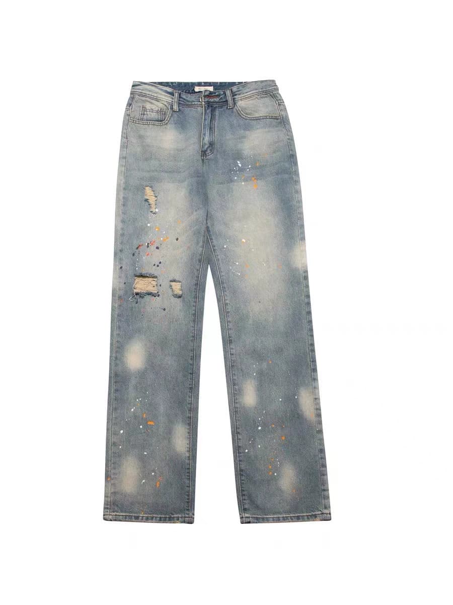 American street vibe style splash-ink washed distressed high street ripped jeans ins men and women loose straight trousers