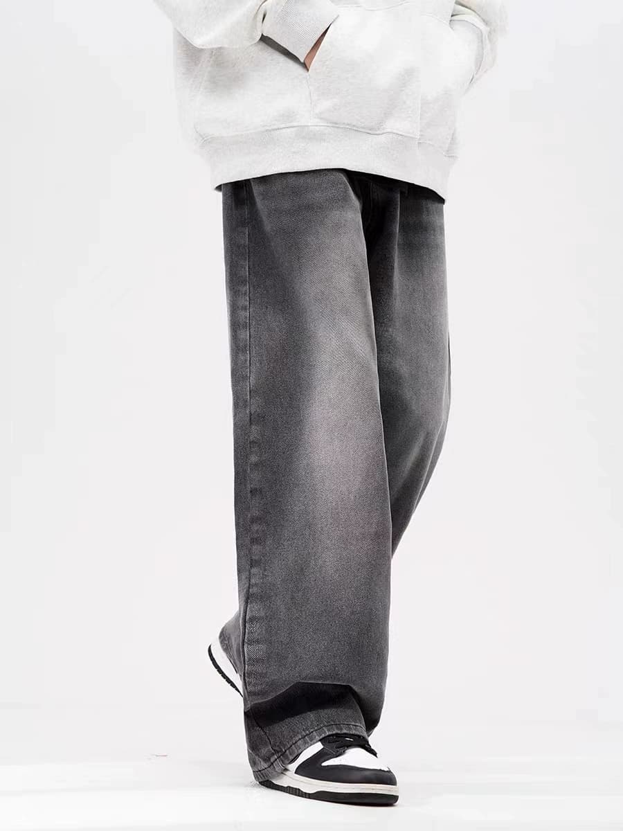 American high street retro smoky gray elastic waist jeans for men and women, loose straight wide-leg drape pants