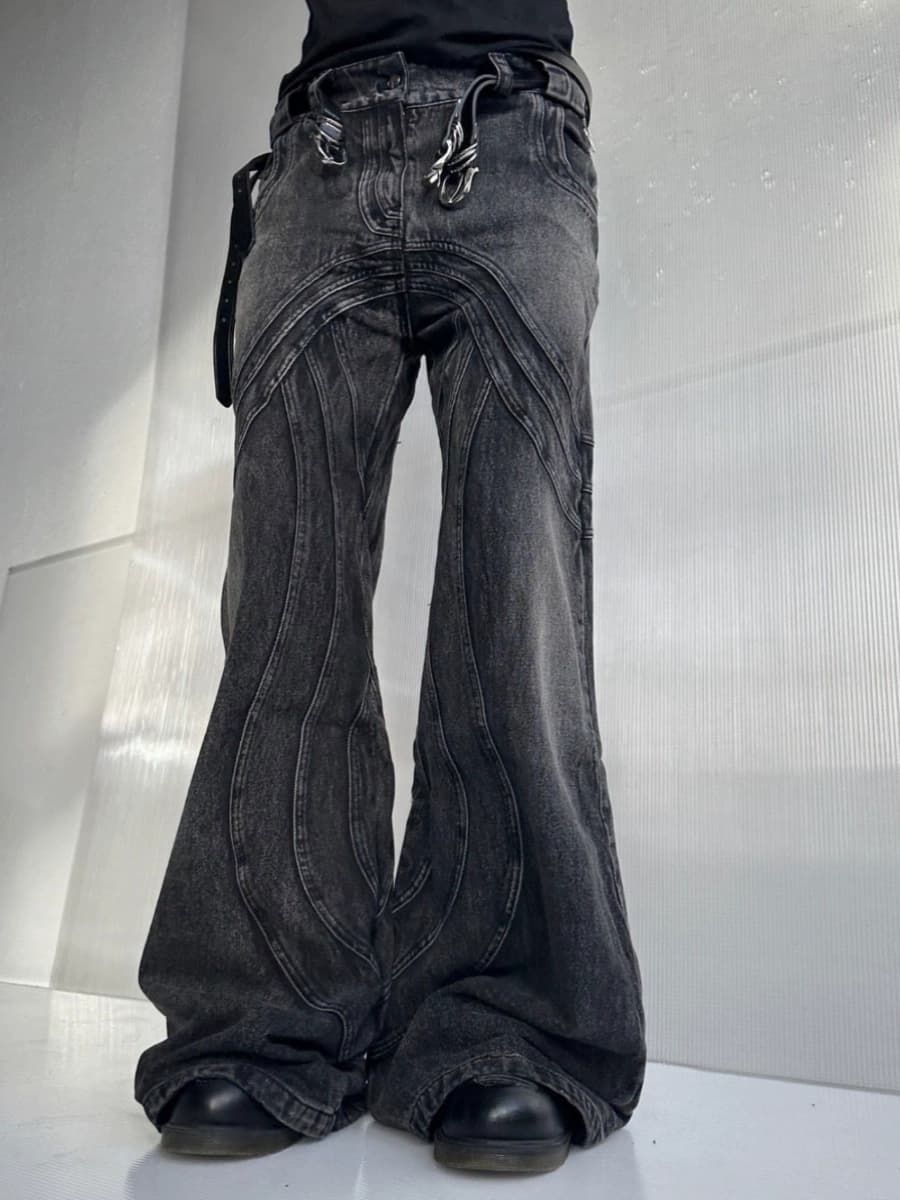 No/faith 23S heavyweight wavy rippled distressed washed black and grey flared denim loose pants