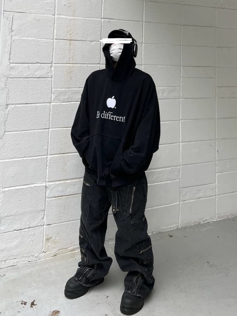 Be different apple embroidery washed distressed loose silhouette hooded sweatshirt show style fake two-piece hoodie