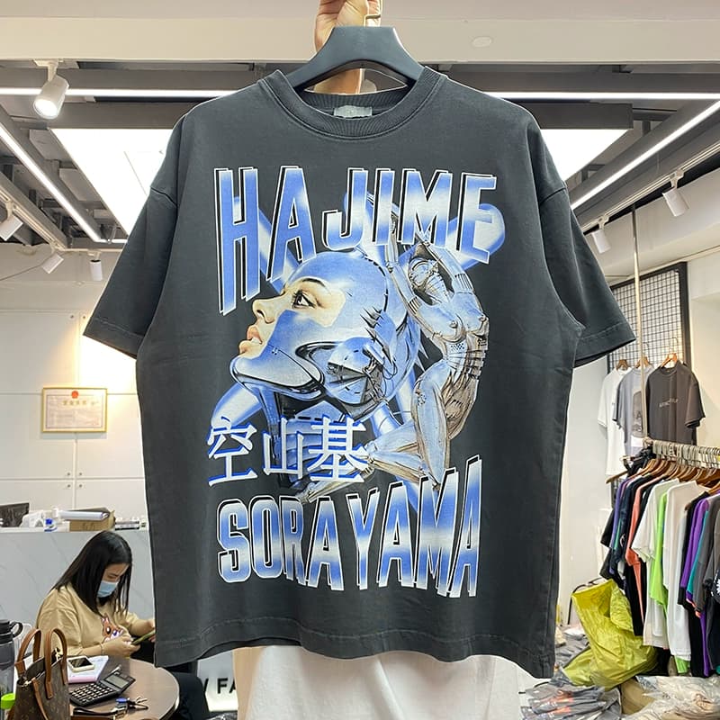Summer fashion brand Sorayama Takashi mechanical metal anime portrait printing men and women loose casual round neck short-sleeved T-shirt cotton