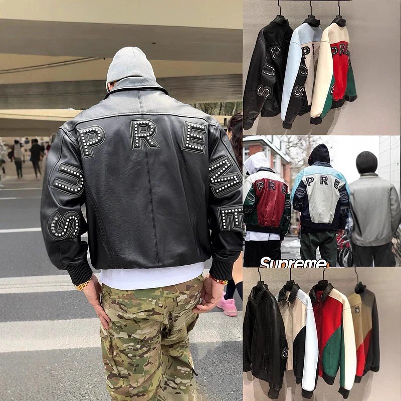 Supreme Rivet Heavy Crafted Embroidered Leather Jacket with Cotton Clip Retro Splicing Motorcycle Ja (98)